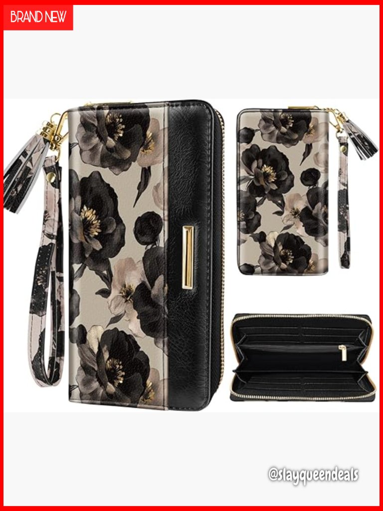 Rfid Blocking Pu Leather Zip-Around Wallet With Wristlet 12 Card Slots